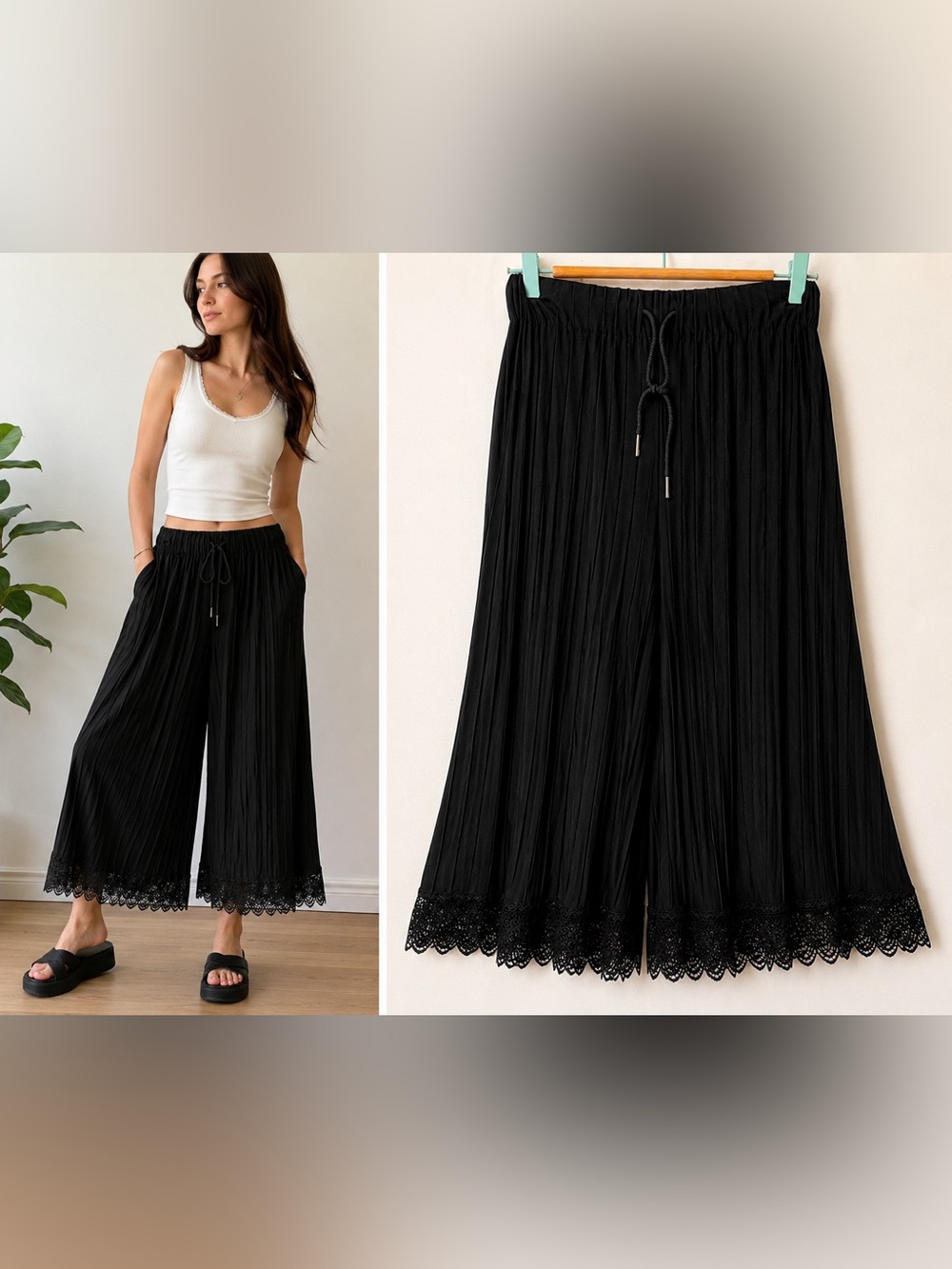 A&O Black Pleated Lace Hem Wide Leg Crop Pants XL Boho Cottagecore Chic